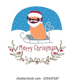 Cute pug Santa on a sled