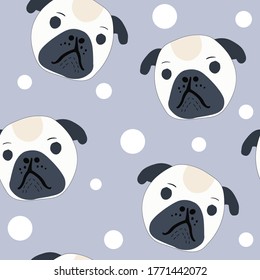 Cute pug seamless vector pattern for wallpaper, web page background, textile design, graphic design.