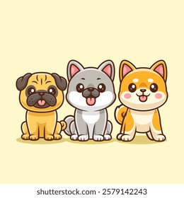 Cute Pug, Shiba Inu And Husky Dog Sitting Together Cartoon Vector Icon Illustration. Animal Nature Icon Concept Isolated Premium Vector. Flat Cartoon Style