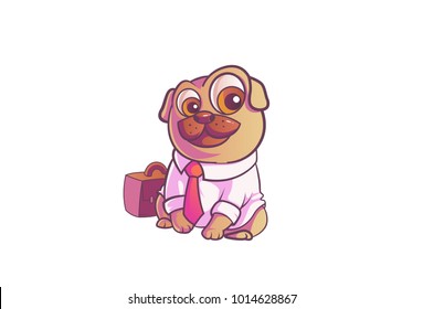 Cute pug in a shirt and tie with a briefcase placed on the side. Vector Illustration. Isolated on white background.