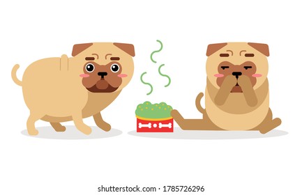 Cute Pug Sitting and Eating Hot Food Vector Set