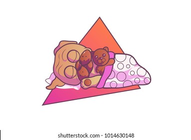 Cute pug  sleeping with a teddy bear. Vector Illustration. Isolated on white background.