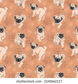 CUTE PUG WITH SOME DIFFERENT MOVES IN BROWN DOG PAWS BACKGROUND. FLAT SEAMLESS PATTERN.