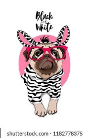 Cute Pug in a striped cardigan and in a zebra mask on a pink background. Black and White - lettering quote. Humor card, poster, t-shirt composition, hand drawn vector illustration.