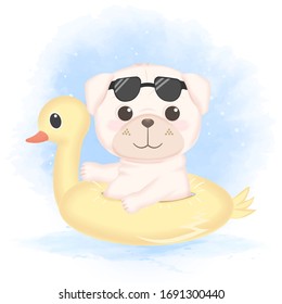 Cute Pug in swim ring, hand drawn dog cartoon illustration