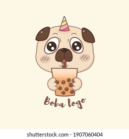 Cute Pug Unicorn Cartoon Bubble Tea Logo For Boba Store. Hand Drawn