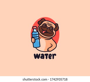 The cute pug with water logo. Puppy with lettering, funny animal, cartoon character dog, badge, sticker, emblem on white background. Vector illustration, flat, line art