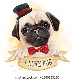 Cute Pug watercolor for printing