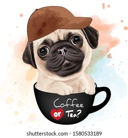 Cute Pug watercolor for printing