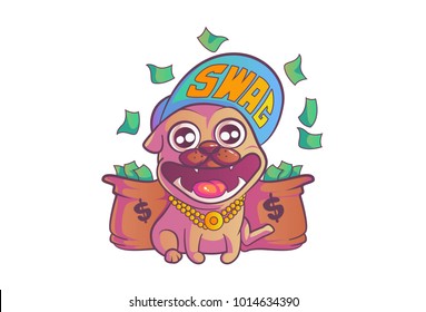 Cute pug wearing a cap with Swag written over it and money bags in the background.. Vector Illustration. Isolated on white background.