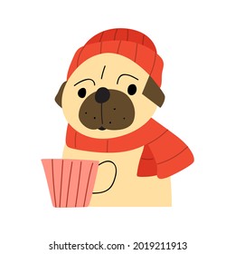 Cute pug wearing hat and scarf. Cold winter. Illustration on white background.