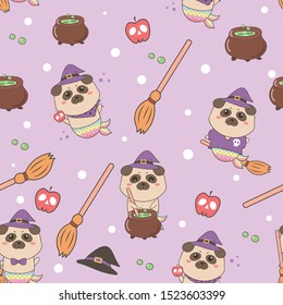cute pug witch seamless pattern cartoon for Halloween.