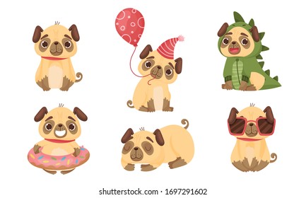 Cute Pug-dog Puppy Wearing Dinosaur Costume and Holding Balloon Vector Set