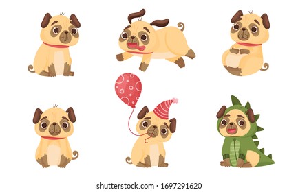 Cute Pug-dog Puppy Wearing Dinosaur Costume and Holding Balloon Vector Set