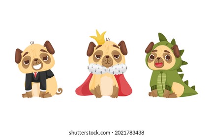 Cute Pug-dog Puppy Wearing Dinosaur Costume and King Mantle Vector Set