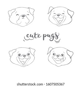 Cute Pugs. Dogs. Hand drawing isolated objects on white background. Vector illustration.