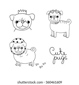 Cute Pugs. Dogs. Hand drawing isolated objects on white background. Vector illustration. Coloring book. 