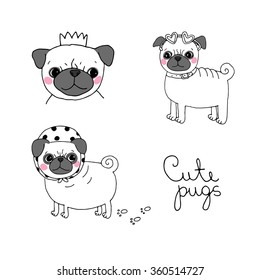 Cute Pugs. Dogs. Hand drawing isolated objects on white background. Vector illustration.