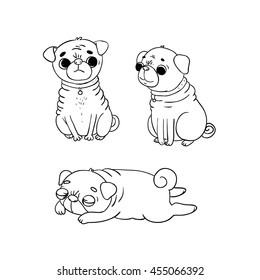 Cute Pugs. Dogs. Hand drawing isolated objects on white background. Vector illustration.