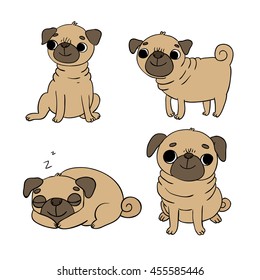 Cute Pugs. Dogs. Hand drawing isolated objects on white background. Vector illustration.