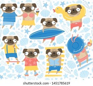 Cute pugs on vacation. Vector pattern with cartoon pug on the beach. Adorable dogs in summer clothes. Kids pattern with pugs eating ice cream, skating, surfing, laying on the beach, sunbathing. 