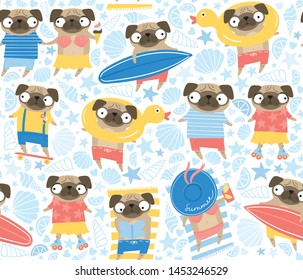 Cute pugs on vacation. Vector pattern with cartoon pug on the beach. Adorable dogs in summer clothes. Kids pattern with pugs eating ice cream, skating, surfing, laying on the beach, sunbathing. 