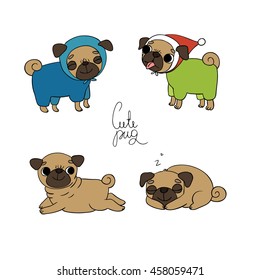 Cute Pugs. Pet clothes. Fashion dog. Hand drawing isolated objects on white background. Vector illustration.