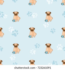 Cute pugs seamless pattern. Vector background with dogs.