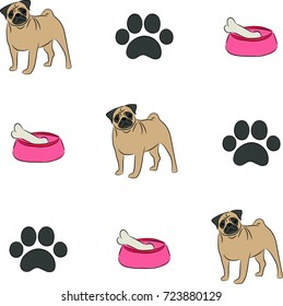 Cute pugs seamless pattern. Vector background with dogs.