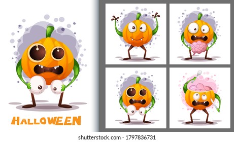 Cute pumkins illustration set and poster character. Premium Vector