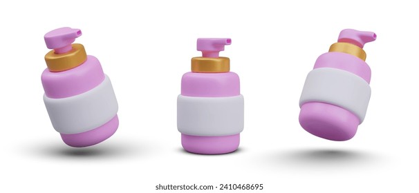 Cute pump jar for liquid cosmetics. Pink bottle with gilding for glamorous care cosmetics. Bottle with dispenser, object in different positions. White blank label, mockup