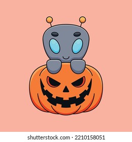 cute pumpkin alien halloween cartoon mascot doodle art hand drawn concept vector kawaii icon illustration