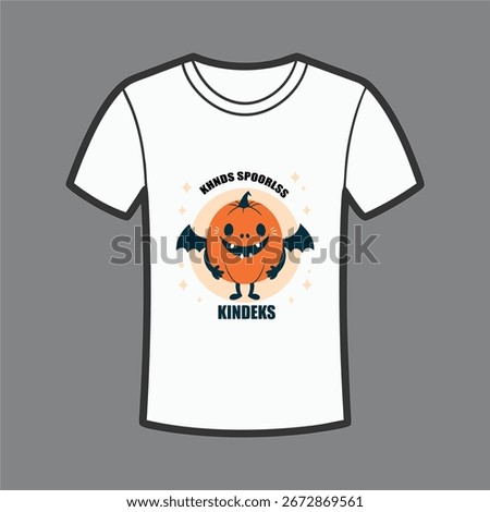 A cute pumpkin bat design on a white tshirt for Halloween. Great for kids and kinder. Spooky and fun design for the holiday season. Vector illustration.