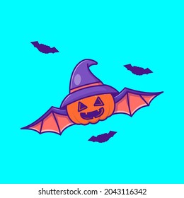 Cute Pumpkin Bat with hat witch happy halloween cartoon illustrations