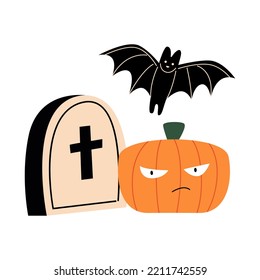 Cute Pumpkin, Bat And Headstone With Cross. Vector Halloween Flat Illustration On Isolated Background. Black Funny Bird.