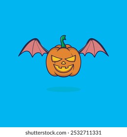 Linda calabaza con alas de murciélago, espeluznante espeluznante decoración de calabaza de Halloween Ilustración vectorial plana