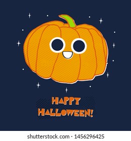 Cute pumpkin with big eyes hand drawn illustration. Happy Halloween kawaii art. Cocktail party poster. Flat drawing for t shirt printing and flyers