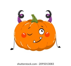Cute pumpkin blind. Social media sticker. Halloween and badges for childrens. Adorable characters. Fear, scary character, night. Cartoon flat vector illustration isolated on white background