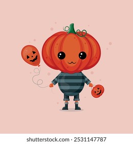 Cute pumpkin boy is holding orange halloween baloon and basket of sweets on beige background. Halloween illustration. Vector illustration.