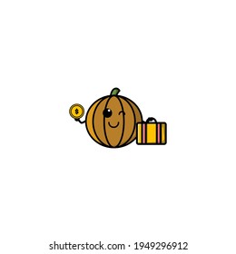 Cute Pumpkin Businessman Hold Coin Cartoon Character Vector Illustration Design. Outline, Cute, Funny Style. Recomended For Children Book, Cover Book, And Other.