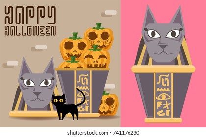 Cute pumpkin in cute canopic jar Egypt concept vector design,Vector cartoon flat children character for halloween.