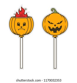 Cute pumpkin cartoon candy halloween. Vector design for sticker or patch
