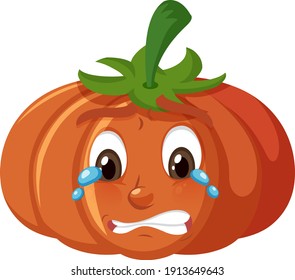 Cute pumpkin cartoon character with crying face expression on white background illustration