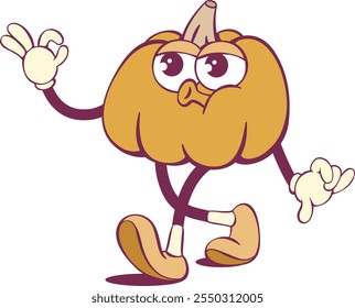 Cute pumpkin cartoon character in retro groovy style