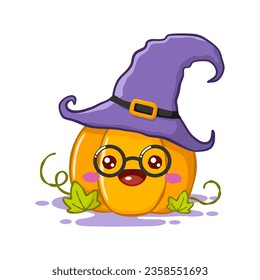 Cute Pumpkin Cartoon Character With Witch Hat And Glasses