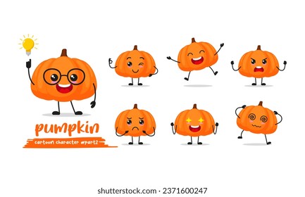 cute pumpkin cartoon with many expressions. fruit different activity pose vector illustration flat design set.