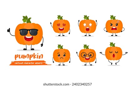 cute pumpkin cartoon with many expressions. fruit character different activity pose vector illustration flat design set with sunglasses.