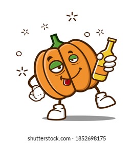 cute pumpkin cartoon mascot character funny expression with holding drunk bottle