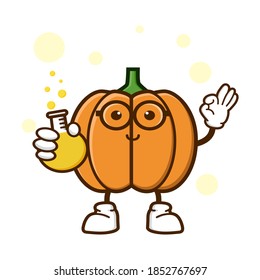 cute pumpkin cartoon mascot character funny expression with holding chemical bottle