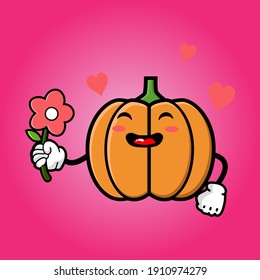 cute pumpkin cartoon mascot character funny expression giving flower